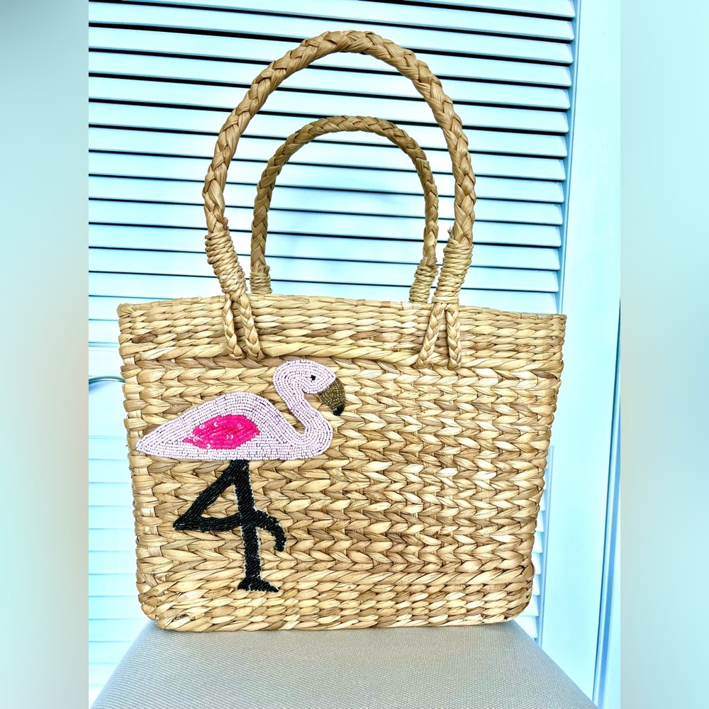 Straw bag, with Pink Beaded/Sequence Flamingo